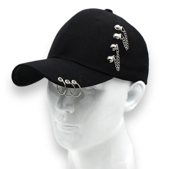 Stylish Silver Chain 0-Rings Black Baseball Cap - NEW - Picture 1 of 3